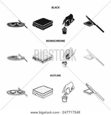 Dessert With Cream, A Sandwich And Other Food. Food Set Collection Icons In Black, Monochrome, Outli