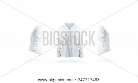 Blank White Woman Shirt Mock Up, Front And Sides, Isolated. Empty Office Jacket With Long Sleeves Mo