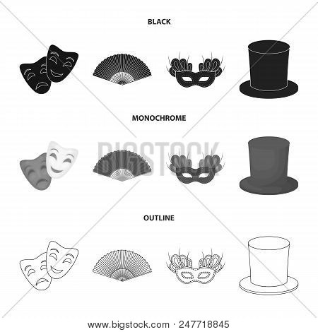 Theatrical Mask, Cylinder, Fan, Mask On The Eyes. Theater Set Collection Icons In Black, Monochrome,