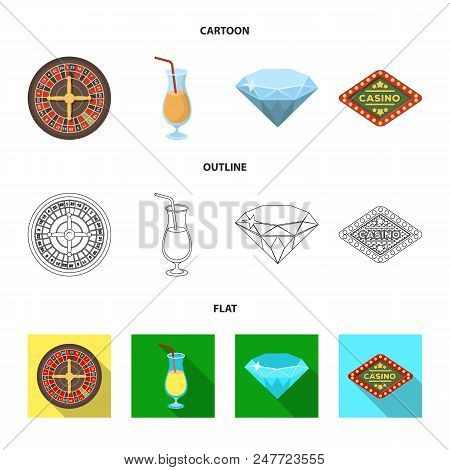 Roulette, A Glass With A Drink, A Diamond, A Sign With The Inscription Casino. Casino And Gambling S