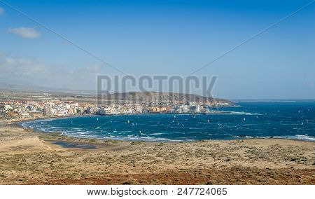 El Medano Bay - Popular Kiteserfing And Windsurfing Spot. Spain, Canary Islands, Tenerife.