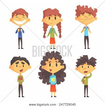 Disciples Of Elementary School. Cute Boys And Girls With Backpacks On Shoulders And Books In Hands. 