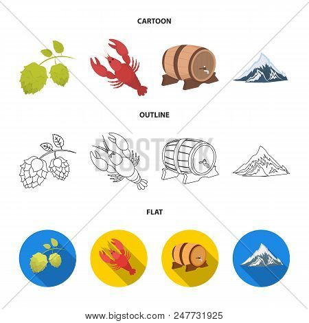 Alps, A Barrel Of Beer, Lobster, Hops. Oktoberfest Set Collection Icons In Cartoon, Outline, Flat St