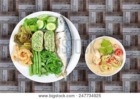 Coconut Milk And Fermented Soy Bean Sauce Call Toa Jiaw Loan In Thai And Dish Of Deep Fired Mackarel