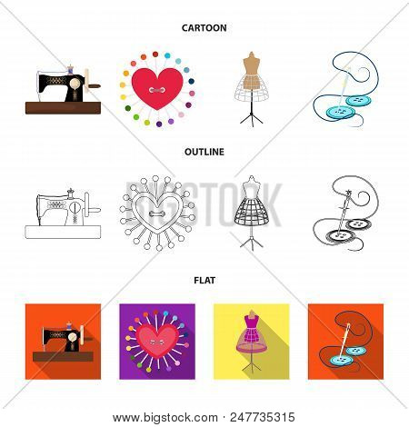 Needle And Thread, Sewing Machine, Pincushion, Dummy For Clothing. Sewing And Equipment Set Collecti