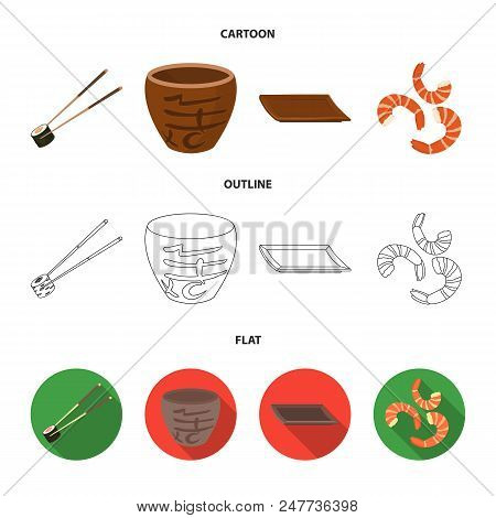 Sticks, Shrimp, Substrate, Bowl.sushi Set Collection Icons In Cartoon, Outline, Flat Style Vector Sy