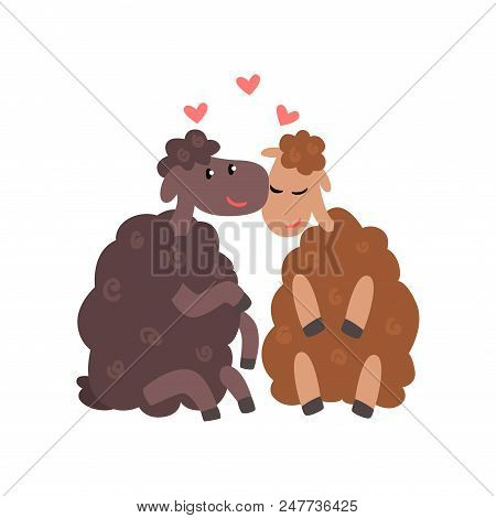 Couple Of Cute Sheep In Love Embracing Each Other, Two Happy  Aniimals Hugging With Hearts Over Thei