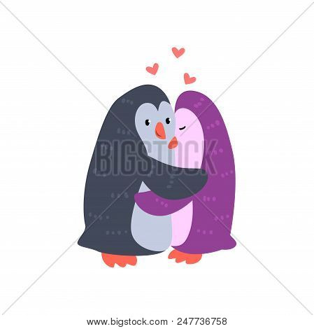 Couple Of Cute Penguins In Love Embracing Each Other, Two Happy  Aniimals Hugging With Hearts Over T