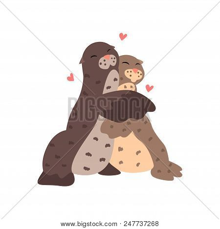 Couple Of Cute Seals In Love Embracing Each Other, Two Happy  Aniimals Hugging With Hearts Over Thei