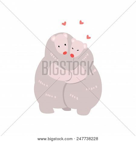 Couple Of Cute Polar Bears In Love Embracing Each Other, Two Happy Aniimals Hugging With Hearts Over