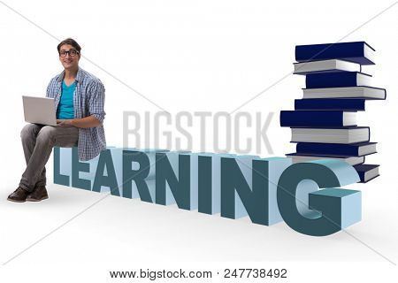 Young man in telelearning concept with laptop and books