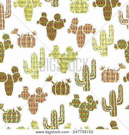 Seamless Pattern With, Cacti And Succulents With Tribal Ethnic Onament . Vector Illustration