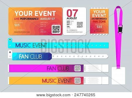 Event Entrance Ticket, Badge Card Holder, And Bracelets. Live Performance Entrance. Access Control D
