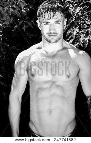 Fit, Handsome, Shirtless Man With Bare Chest, Muscles And Defined Pecs And Body Under Rain Shower In