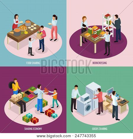 Sharing Economy Isometric 2x2 Design Concept With Compositions Of People Sharing Food Books And Hous