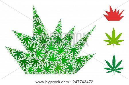 Boom Explosion Mosaic Of Hemp Leaves In Various Sizes And Green Tones. Vector Flat Grass Leaves Are 