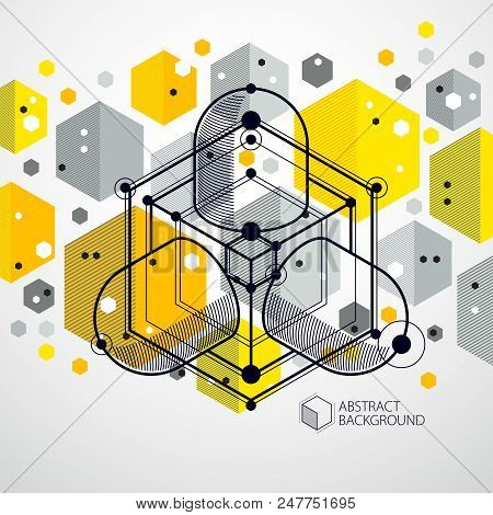 Lines And Shapes Abstract Vector Isometric 3d Yellow Background. Abstract Scheme Of Engine Or Engine