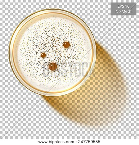 Top View On Glass Of Beer Isolated On Transparent Background. Beer Mug Filled Of Lager With Foamy Bu