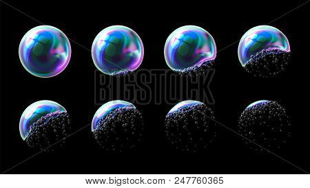 Vector Set Of Realistic Transparent Colorful Soap Bubbles In Stages Of The Explosion And Deformation