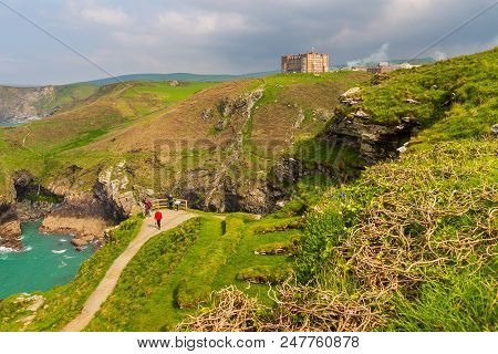 Tintagel, United Kingdom - May 02, 2014: View Of Tintagel Island And Legendary Tintagel Castle Ruins