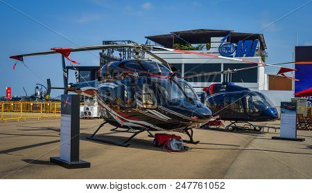 Singapore - Feb 10, 2018. Bell 429 Globalranger Twin-engine Helicopter On Display In Changi, Singapo