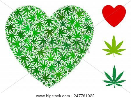Love Heart Mosaic Of Hemp Leaves In Various Sizes And Green Tinges. Vector Flat Marijuana Objects Ar