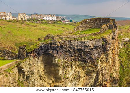 Tintagel, United Kingdom - May 02, 2014: View Of Tintagel Island And Legendary Tintagel Castle Ruins