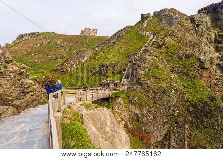 Tintagel, United Kingdom - May 02, 2014: View Of Tintagel Island And Legendary Tintagel Castle Ruins