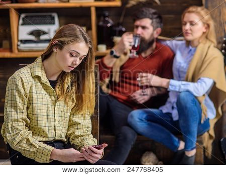 Girl With Concentrated Face Browsing Net, Modern Technology Concept. Teenager Spending Time Online I