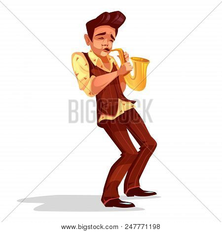 Jazzman With Saxophone Vector Illustration Of Man Playing Jazz Music Or Performing On Musical Stage 