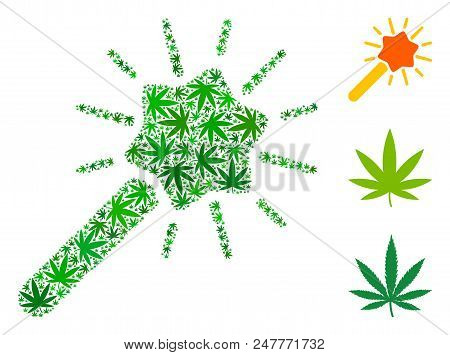 Wizard Tool Mosaic Of Cannabis Leaves In Various Sizes And Green Hues. Vector Flat Cannabis Items Ar