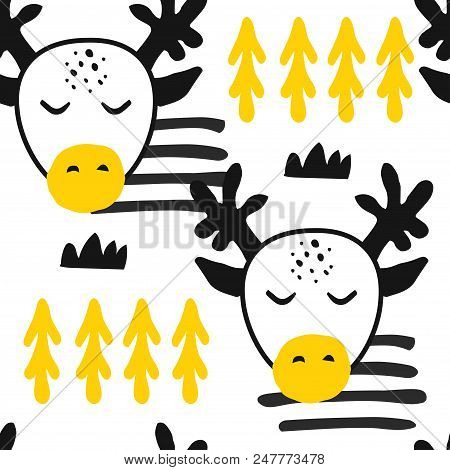 Wild Deer Or Elk Hand Drawn Illustration In Scandinavian Style For Kids Textile,childish Posters Or 