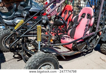Ukraine, Lviv - July 2, 2018: Custom Buggy Stands On The Street, Black Buggy