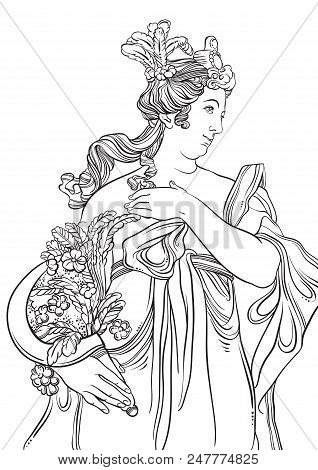 Greek Goddess In Line Style. Great Template For Coloring Book Page. Classicism. Ancient Greece. Myth