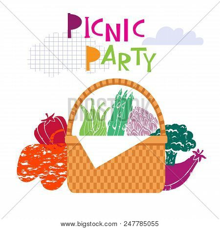 Summer Picnic Concept  For Web Banners, Web Sites, Menu, Infographics. Wicker Picnic Basket  With Fo