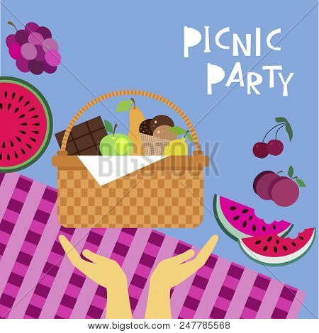 Summer Picnic Concept  For Web Banners, Web Sites, Menu, Infographics. Wicker Picnic Basket  With Fo