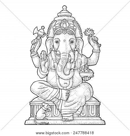 Ganpati With Mouse For Poster Ganesh Chaturthi. Engraving Vintage Vector Black Illustration. Isolate