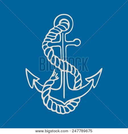 Anchor With  Rope On Blue Background. Vector Illustration Of Nautical Anchor.  Icon And Design Eleme