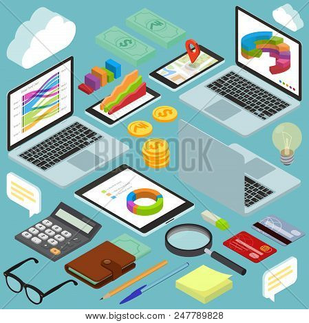 Isometric Busines Office Flat Design  Workspace Elements Set. Money Coins And Financial Analytics Gr