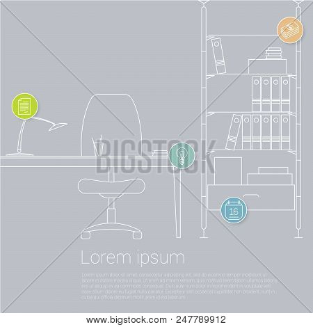 Thin Line Flat Design  Modern Workspace Office Interior Concept For Web, App Design And Development?