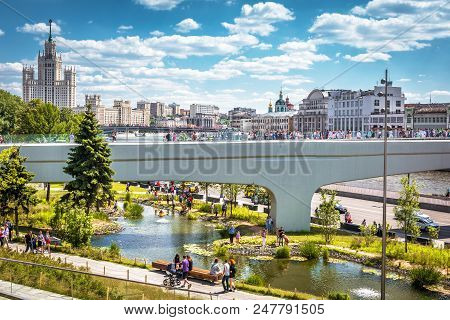 Moscow - June 17, 2018: People Visit The Zaryadye Park With Floating Bridge In Moscow, Russia. Zarya