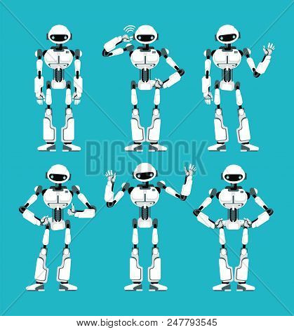 Spaceman Robot Android In Different Poses. Cute Cartoon Futuristic Humanoid Character Set. Cyborg Ro
