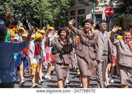 Prague, Czech Republic - July 1, 2018: People Parading At Sokolsky Slet, A Once-every-six-years Gath