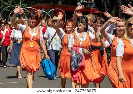 Prague, Czech Republic - July 1, 2018: Women Parading At Sokolsky Slet, A Once-every-six-years Gathe