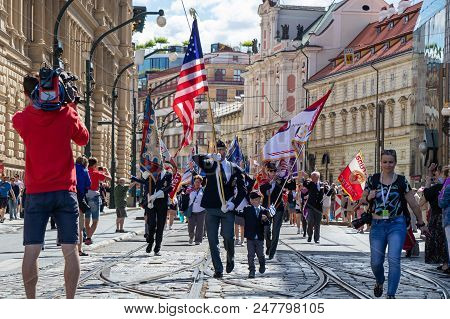 Prague, Czech Republic - July 1, 2018: American Visitors Parading At Sokolsky Slet, A Once-every-six