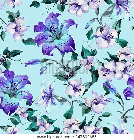 Beautiful Tiger Lilies On Twigs On Blue Background. Seamless Floral Pattern In Vivid Blue, Purple Co