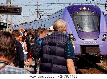 Ystad, Sweden - June 26, 2018: One Blue Public Transportation Train Class X61 In Service For Skanetr