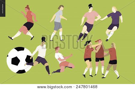 European Football, Soccer Players Set - Flat Vector Illustration Of A Young Women Wearing European F