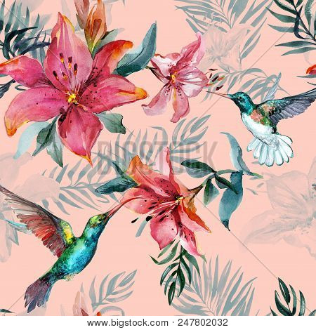 Beautiful Colorful Flying Hummingbirds And Red Flowers On Pink Background. Exotic Tropical Seamless 