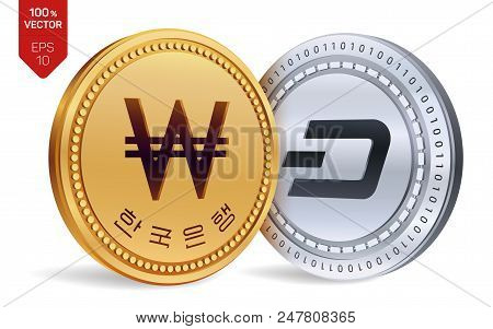Dash. Won. 3d Isometric Physical Coins. Digital Currency. Korea Won Coin. Cryptocurrency. Golden And